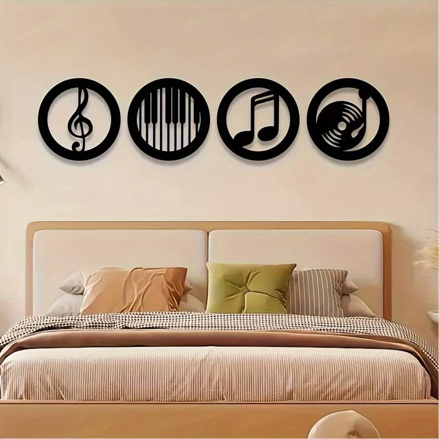 4pcs 2D Flat Music Theme Wooden Wall Decor | Piano Silhouette Carved Plaque | Studio/KTV/Home Wall Art | Creative Gift For Music Lovers | Wall Art Series - Multicolor - View 1