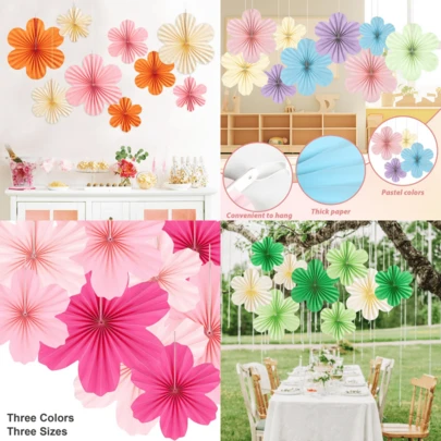 9 chiếc quạt giấy hình hoa, đồ trang trí hoa 3D treo tường, thích hợp cho tiệc sinh nhật, đám cưới, tiệc mừng em bé và tiệc trà.