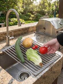 Rejilla plegable y ahorradora de espacio para secar platos sobre el fregadero, de acero inoxidable resistente al calor, de estilo minimalista moderno en color gris rectangular antideslizante, adecuada para preparación en la cocina, artículos esenciales para apartamentos, limpieza de primavera, herramientas del hogar - Multicolor - Ver 7