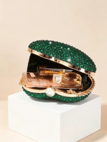 Shiny Dark Green Crystal Heart-Shaped Clutch, Elegant Hard Case Evening Bag, Formal Party & Ball Crossbody Bag - Dark Green - View 4