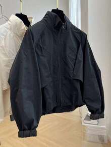 Black Stand Collar Windbreaker Jacket For Women, Fashionable Casual Versatile Bomber Coat, Spring & Autumn - Black - View 4