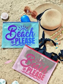 Multi-Color Waterproof Fashion Mesh Fabric Beach Bag, Make Up Bag With Color "Beach"Printing, Beach Theme. Large Capacity Transparent Cosmetic Bag, Toiletry Bag With Nylon Zipper - Lightweight, Storing Sunscreen, Snacks, Bikinis, And Beach Essentials. Spring And Summer Storage, Durable, Very Suitable For Swimming, Beach - Multicolor - View 4