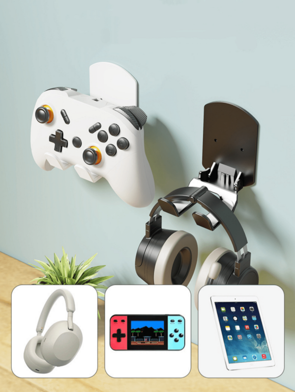 1 pieza Gancho plegable para auriculares; Gancho de almacenamiento de doble propósito montado en la pared; Soporte para control de juegos sin taladrar; Soporte para auriculares over-ear; Gancho de almacenamiento para escritorio de estudiante y dormitorio; Soporte multifuncional resistente