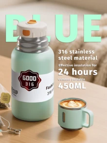 1 pieza Vaso aislado al vacío de acero inoxidable SUS316 de 450ml para uso en exteriores, con taza de bebida desmontable, retención de temperatura durante 24 horas, tapa hermética de apertura con una sola mano, duradero para bebidas frías, café, té, camping, senderismo, viajes, hogar y oficina, regalo ideal para actividades al aire libre, viajes por carretera, entusiastas del aire libre, artículo esencial de verano para beber, disponible en 4 colores - Multicolor - Ver 9