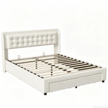 Superaly Letto imbottito 140 * 190 cm con contenitore, struttura letto idraulica con contenitore, letto matrimoniale con 2 cassetti, rete a doghe e testiera, letto per ragazzi, letto funzionale per adulti e adolescenti, velluto, beige - Beige - Visualizzare 8