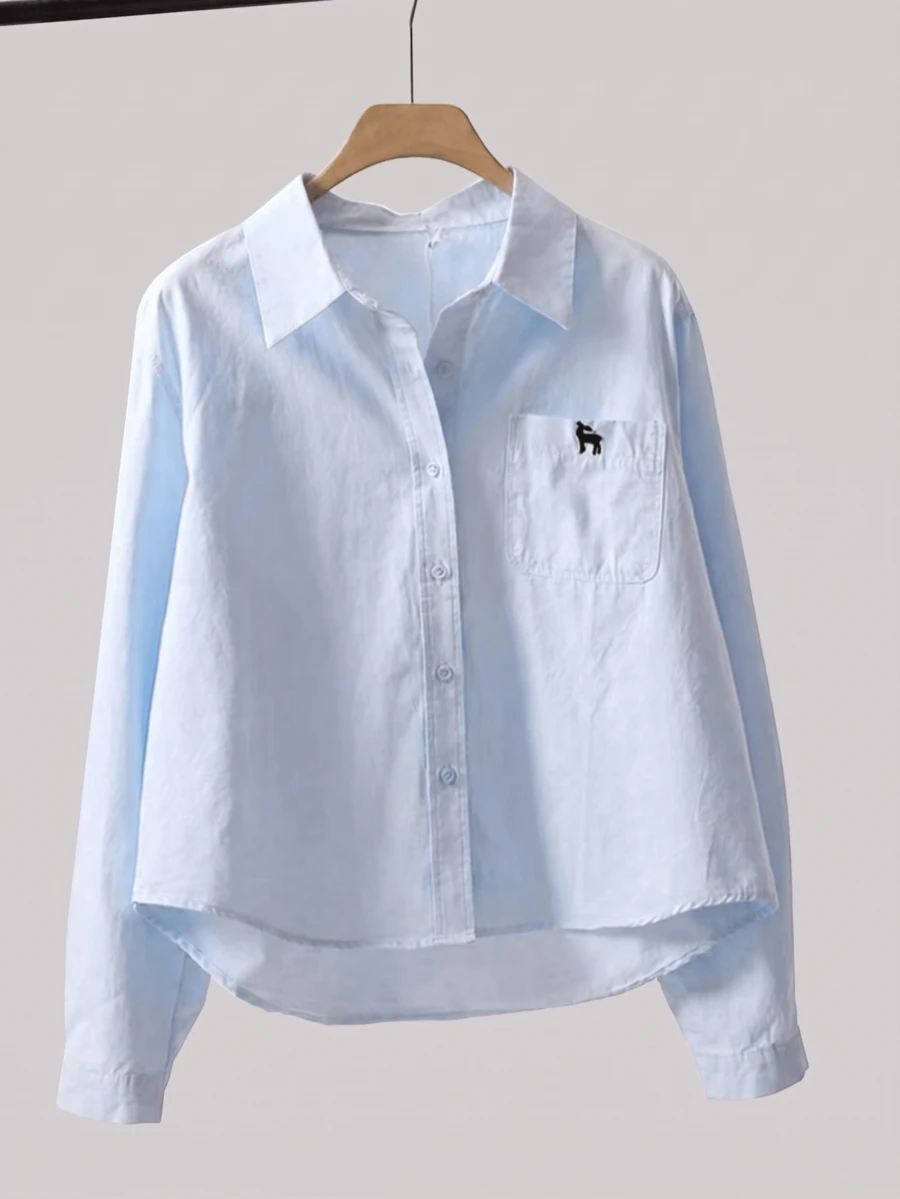 Women's Casual Collar Pocket Embroidered Shirt, Embroidered Pocket Design, Simple Yet Not Monotonous, Long Sleeve Single-Breasted Casual Shirt Spring - Blue - View 1