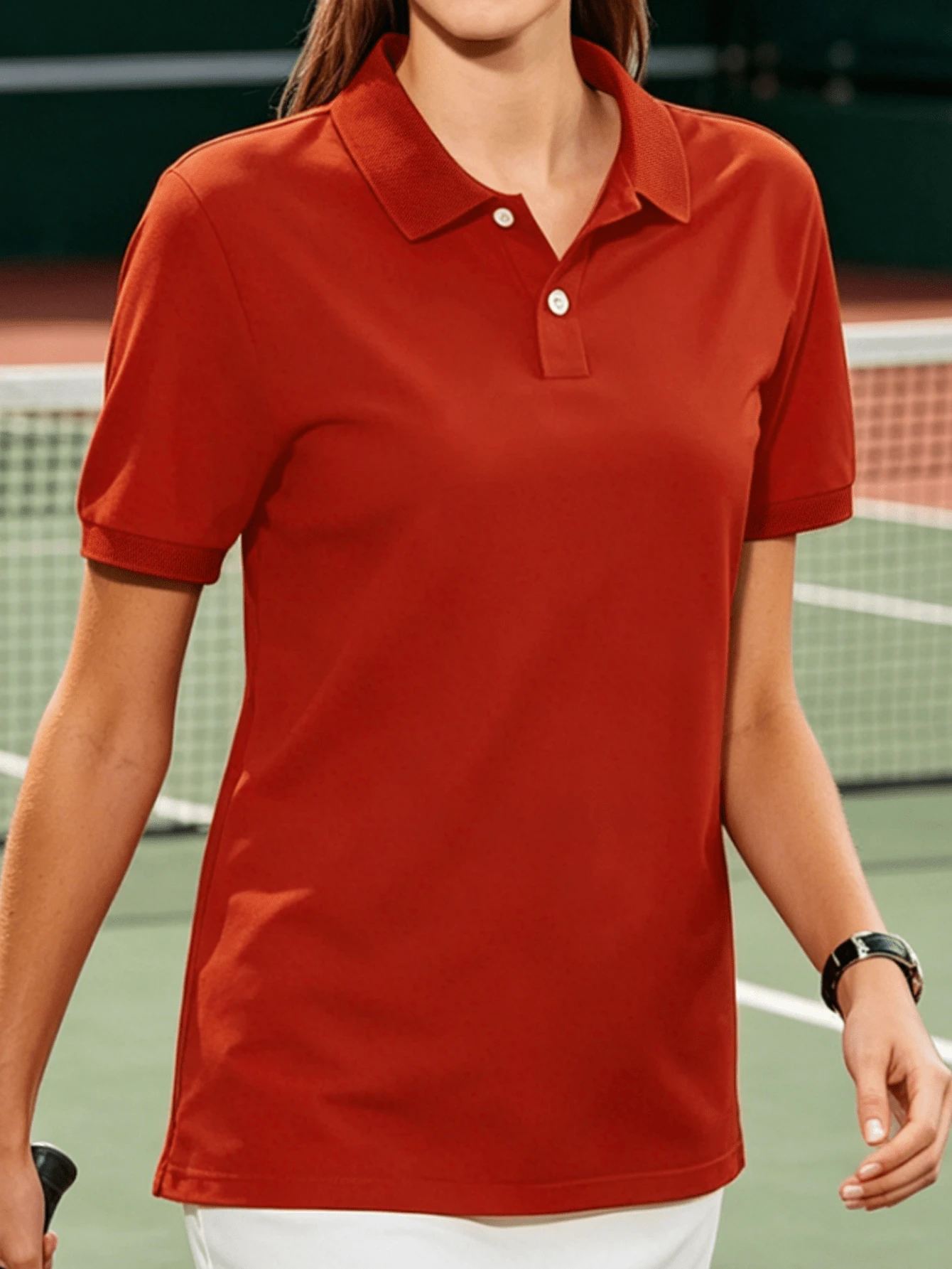 女士休闲纯色短袖运动Polo衫，适合夏季日常通勤 - 紅色 - 查看 1