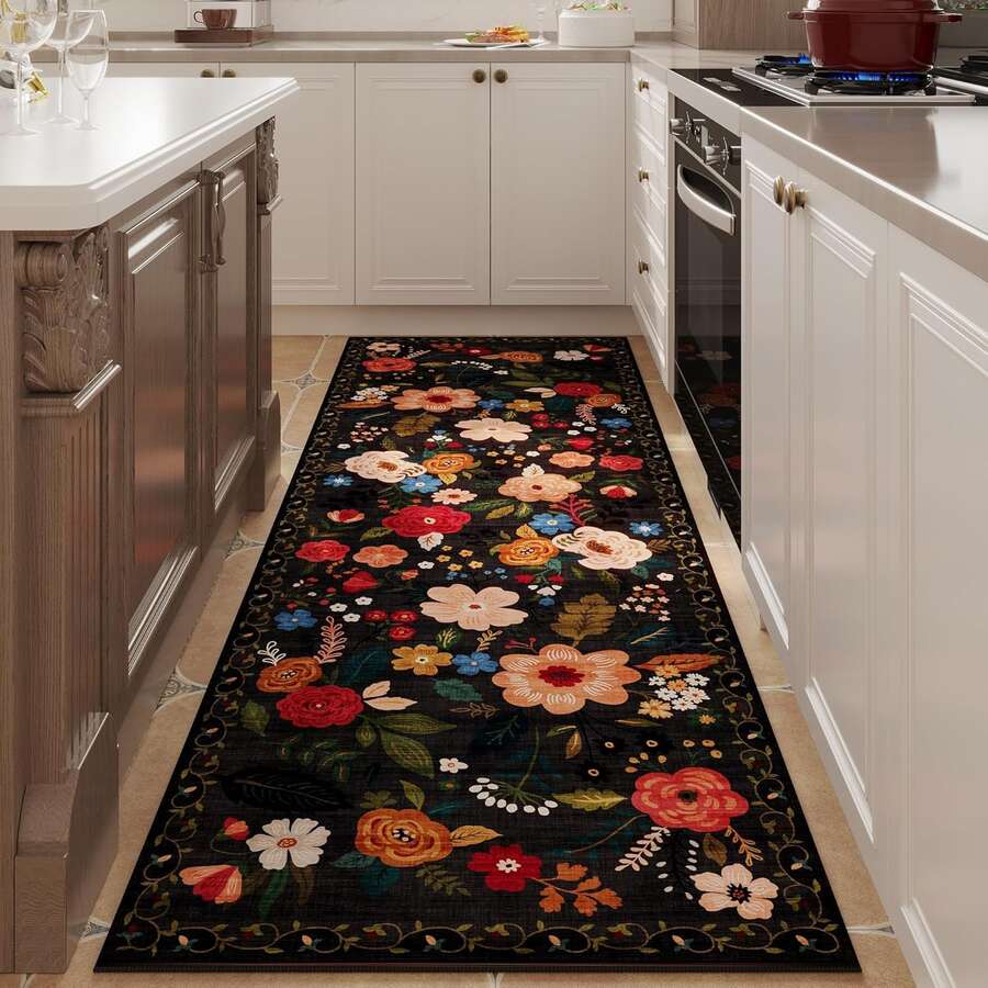 1 pieza Alfombra de área floral negra, alfombra de primavera/verano con diseño floral, alfombra decorativa, decoración de dormitorio, alfombra pequeña, alfombra, decoración del hogar, alfombra de sala de estar, alfombra pequeña de sala de estar, alfombra de dormitorio, decoración del hogar de sala de estar, alfombra de exterior, alfombra lavable