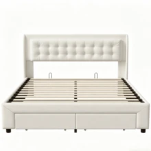 Superaly Letto imbottito 140 * 190 cm con contenitore, struttura letto idraulica con contenitore, letto matrimoniale con 2 cassetti, rete a doghe e testiera, letto per ragazzi, letto funzionale per adulti e adolescenti, velluto, beige - Beige - Visualizzare 7
