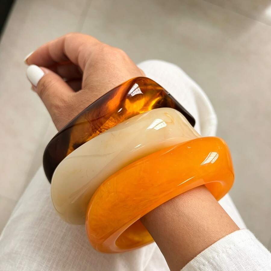 3条/1条 新款时尚简约不对称几何方形树脂琥珀色和橙色扎染可叠戴手链，适合送给女朋友，日常、度假、派对和各种场合佩戴（树脂扎染颜色可能因批次差异而略有不同，此属正常现象） - 幾何手鐲 - 查看 1