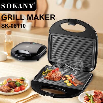  SOKANY-08110 800W 双面无烟电烤炉，带 LED 指示灯，小巧易清洁，适用于烤制帕尼尼、牛排、蔬菜等。