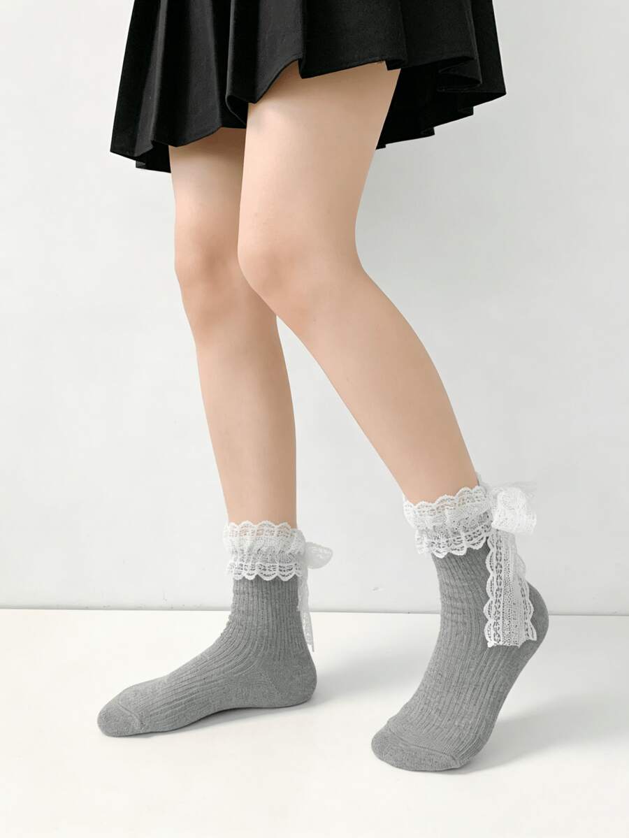 1/3 pares de calcetines de media caña versátiles y dulces con volantes y lazos, para primavera/verano - Multicolor - Ver 1