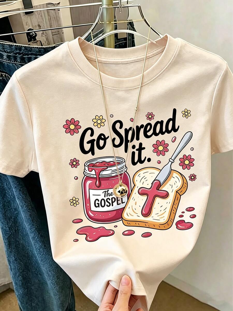 [Cotton T-Shirt] Cute And Creative "Go Spread The Gospel" Bread And Jam Print Short-Sleeved T-Shirt For Girls. Soft And Skin-Friendly, Suitable For Outdoor And Everyday Wear, Stylish And Versatile, Adorable Clothing. - 杏色 - 查看 1