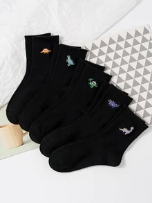5雙裝女式恐龍刺繡休閒圓領襪適合日常生活 - 黑色 - 查看 4