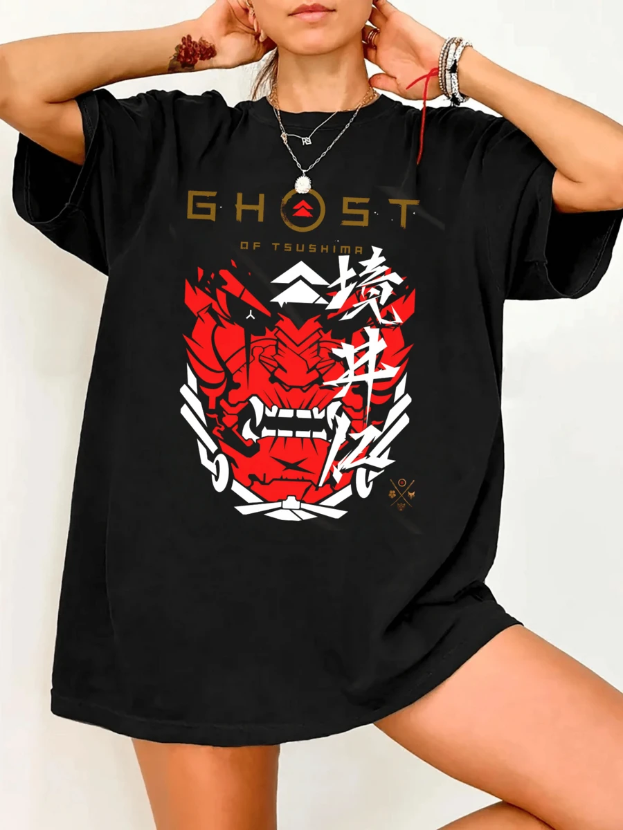 Ghost Of Tsushima Samurai Graphic T-Shirt Jin Sakai Vintage Style Gaming Tee - Black - View 1