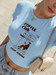 女款短袖短版 T-shirt，咖啡俱樂部與咖啡機素描印花，咖啡愛好者休閒夏季上衣 - 淺藍 - 查看 5