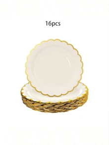 1/8/16pcs Ivory Seashell Shaped Gold Rimmed Paper Plates, Suitable For Birthday, Wedding, Baby Shower, Holiday Party Decoration - Multicolor - View 9