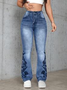 Fashion Floral Embroidered Jeans For Women, Summer Vintage High-Waisted Washed Denim, Slim Fit Casual Stretch Pants For All-Season Versatile Style - 中藍色 - 查看 2