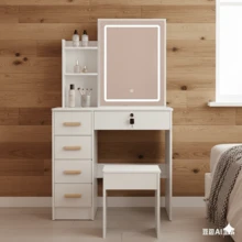 Modern Farmhouse White Vanity Desk Set With LED Mirror & Stool, 31.5" (L) X 15.7" (W) X 52.4" (H), Sliding Mirror, 3 Adjustable Light Modes, 5 Drawers & Storage Shelves, Compact Makeup Table For Bedroom, Perfect Gift For Teen Girls - White - View 3