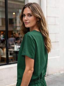 SDHT Women's Solid Color Minimalist Round Neck Short Sleeve Top And High Waist  Pants 2-Piece Set, Spring/Summer, Charm Green Set ,Sping Summer OutFit Set For Women Vacation Holiday Women Loose Fit Summer OutFit For Daily Wear, Active Top, Active Pants, Office Dress, Comfoty Charm Summer Set/2pc. Charm Women Spring Summer Outfit, Active Outfit/2pc, Curve Gift For Women. - màu xanh lá - Xem 3