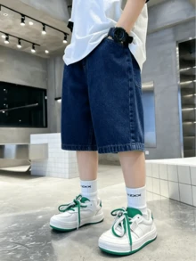Boys' Denim Shorts, Casual Slim Fit Knee Length Shorts For Summer - Dark Wash - View 7