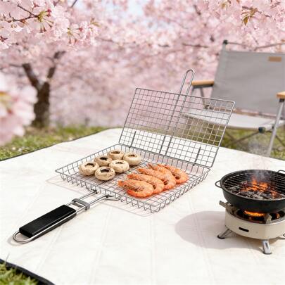 1/2 giỏ nướng BBQ bằng thép không gỉ, dụng cụ nướng ngoài trời thiết yếu, vỉ nướng di động thích hợp để nướng cá và rau củ, có thể rửa bằng máy rửa chén.