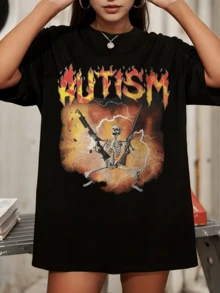 Autisms Awareness Meme Skeleton Fire Print Crew Neck Short Sleeve Tee - Black - View 6
