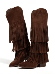 Women's Western Boots Vintage Fringe Cowboy Boots Pointed Toe Block Heel  Side Zipper Mid Calf Boots Country Concert Boots For Women - 棕色 - 查看 8