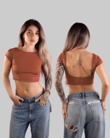 CROPPED OPEN BACK NECKLINE SHORT TIGHT BLOUSE BASIC MINIMALIST STYLE CASUAL BABY TEE AITONA - 摩卡棕 - 查看 1