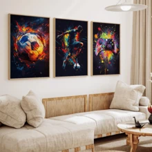 3 Stücke Fußball und Spielcontroller Leinwand Wandkunst Set, Graffiti Stil Sportdruck, Hochformat, wasserfestes Leinwandmaterial, fertig zum Aufhängen, geeignet für Teenager und Gamer Zimmer Dekoration, optional gerahmte Wandkunst - A - Übersicht 4
