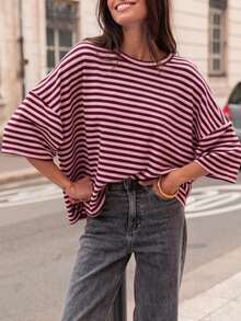 Plus Size Women's Fashionable Elegant Striped Round Neck Drop Shoulder Half Sleeve T-Shirt, Suitable For Holidays, School, Vacation And Daily Wear Summer - Pinkish-brown - View 1