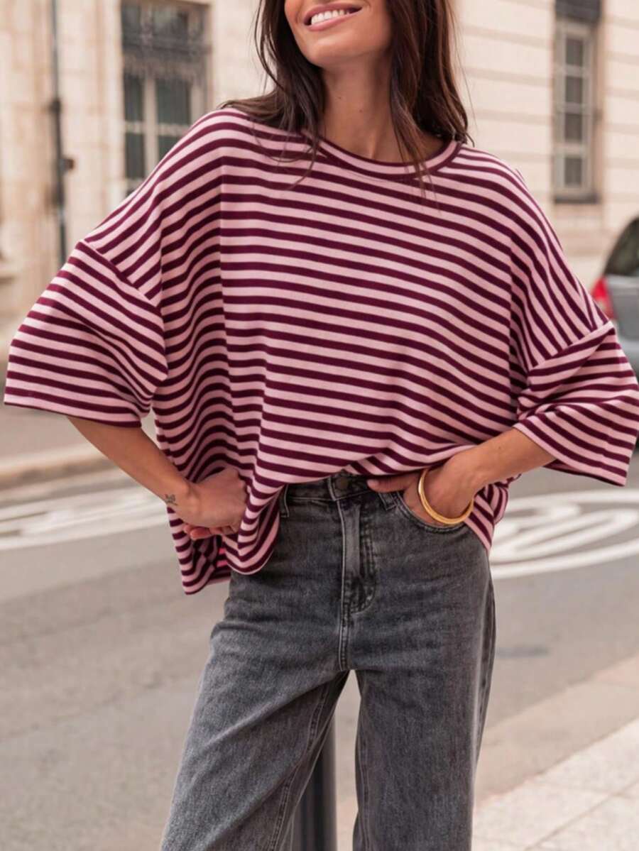 Plus Size Women's Fashionable Elegant Striped Round Neck Drop Shoulder Half Sleeve T-Shirt, Suitable For Holidays, School, Vacation And Daily Wear Summer - Pinkish-brown - View 1
