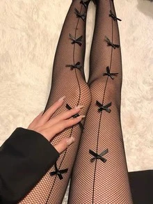 Bow Decor Fishnet Tights - Black - View 6
