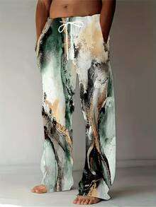 Casual Trousers For Men Featuring A Vintage Loose Fit With A Straight Leg Design, Adorned With An Abstract All-Over Print In Green, Beige, White, And Black. These Relaxed-Fit Pants Come With A Drawstring Waist And Are Suitable For Both Teens And Adu - 彩色 - 查看 2