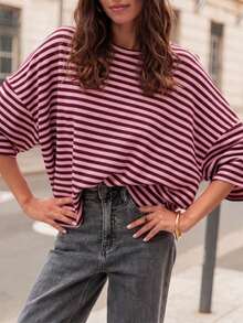 Plus Size Women's Fashionable Elegant Striped Round Neck Drop Shoulder Half Sleeve T-Shirt, Suitable For Holidays, School, Vacation And Daily Wear Summer - Pinkish-brown - View 3