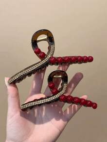 Vintage Red Pearl Crystal Hair Claw Clip, Luxury Tortoiseshell Pattern Hair Clip, Elegant Girl Hair Accessory, Suitable For Half Updo, Office, Bridal Hairstyles,Festival,Party - Multicolor - View 2