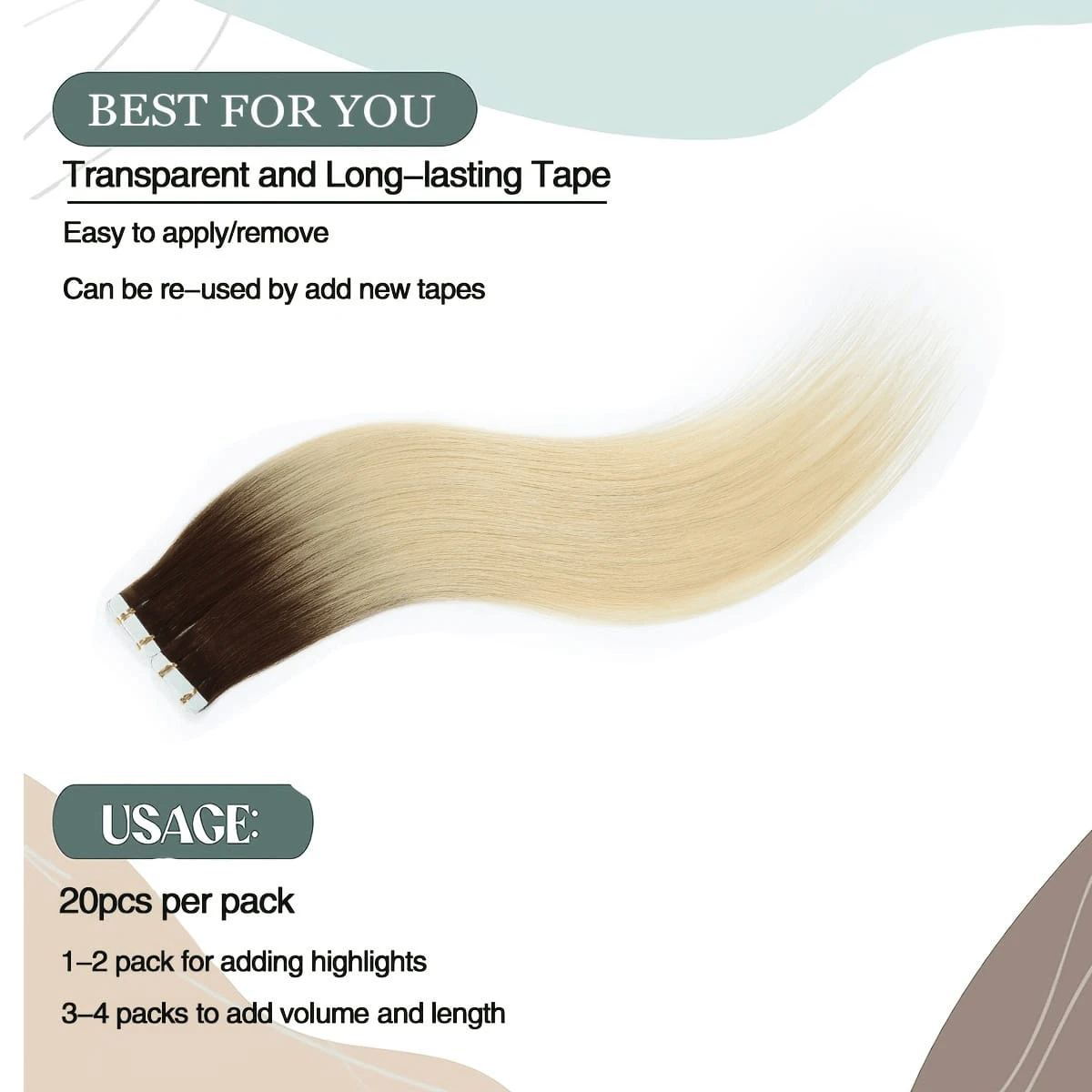 20片装，每包30克，直发胶带式接发，真人发接发，直发无缝隐形贴合发片，女士适用 - 彩色 - 查看 1