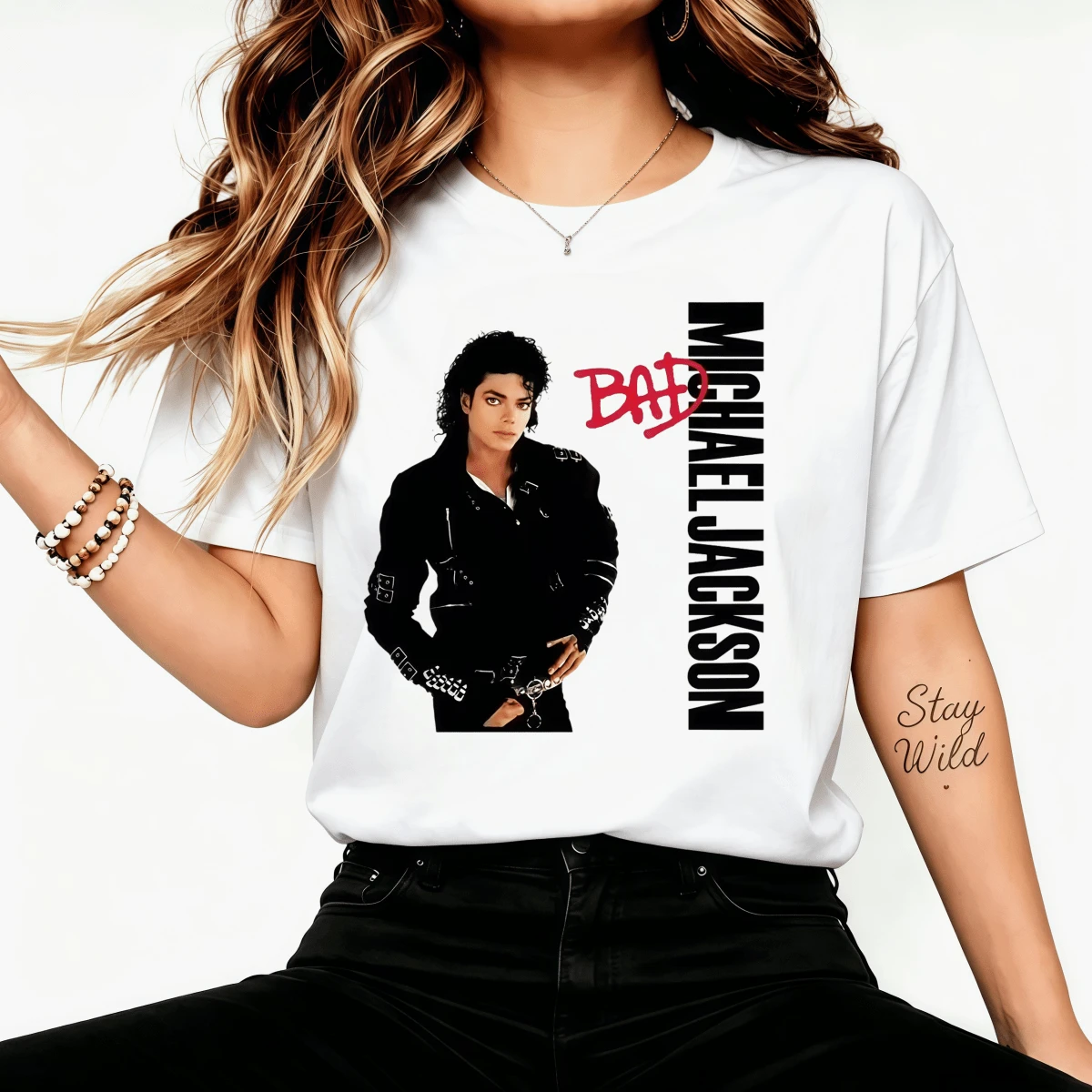 Michaell Jackson's Bad Album Retro Pop Music Graphic 100% Cotton Unisex Casual T-Shirt - 白色 - 查看 1