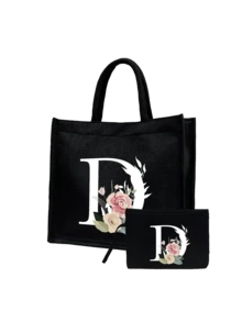 Women's Printed White Letter A-Z Tote Bag, Large Capacity Shoulder Bag, Foldable Durable Shopping Bag, Portable Handbag, Travel Cosmetic Bag, Coin Purse, Suitable For Vacation, Party, Shopping, Work Commute, Birthday, Mother's Day, Wedding, Spring/Summer - Multicolor - View 41