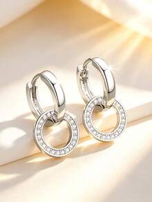 1 Đôi bông tai bạc S925 kiểu vòng tròn lồng vào nhau, đính đá Zirconia tổng hợp, trang sức thanh lịch và sang trọng để đeo hàng ngày dành cho nữ. - Bạc - Xem 2