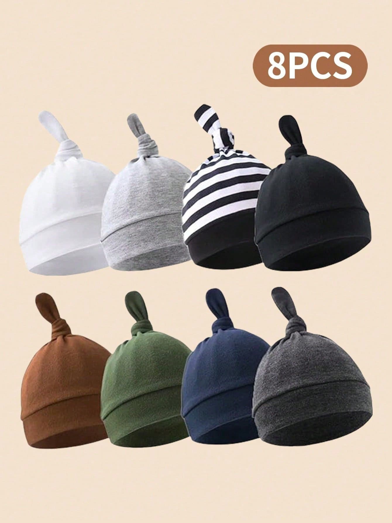 Bộ 8 mũ len mềm màu trơn cho trẻ sơ sinh 0-6 tháng, phù hợp cho bé gái và bé trai. - 8 cái - Xem 1