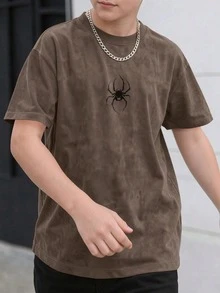 1件青少年男童时尚嘻哈个性百搭蜘蛛印花绒面短袖T恤 - 咖啡棕 - 查看 4
