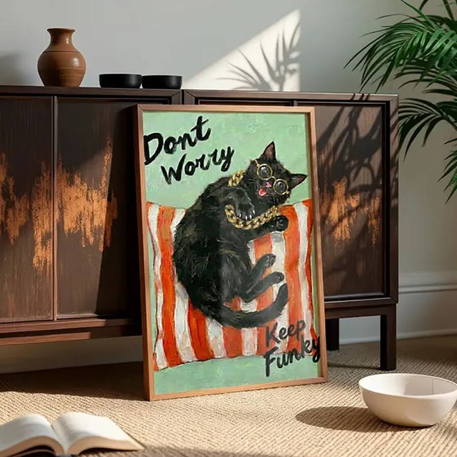 Set Of 1 Funky Black Cat Don't Worry Keep Funky Canvas Wall Art | Retro Groovy Poster For Living Room Bedroom,Frameless/Framed - A - View 1