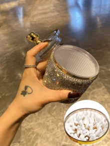 1个镶钻奢华棉签收纳盒,防尘化妆棉和牙签收纳盒,可爱创意桌面整理盒,情人节理想礼物 - 銀色 - 查看 3