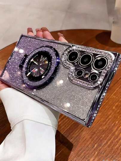 1 Lyxigt pläterat, gradientglitter, diamantstativ för telefonskal till S26 Ultra S24 S25 Ultra S24 Plus S23 Ultra S22 Ultra S23 A15 A55, trådlös laddningskamera, fallskyddande skal