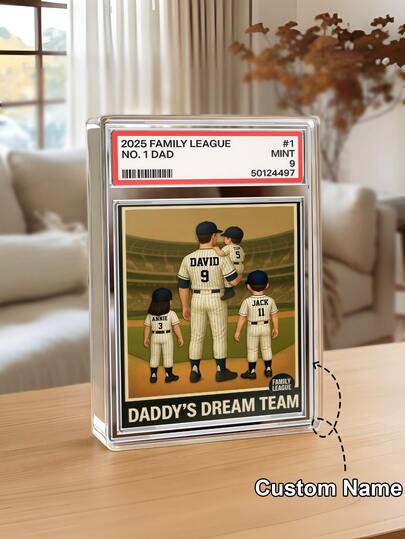 Baseball No. 1 Dad & Kids Trading Card Style Custom Action Figure Plaque, Custom Action Figure Portrait,Personalized Digital Portrait Art,Custom Photo To Cartoon Acrylic Plaque,Custom Photo To Cartoon Acrylic Keychain,Customized Name Ornament, Custom Acrylic Block, Father's Day Gift For Dad, Gift For Husband, Perfect Keepsake For Specia.