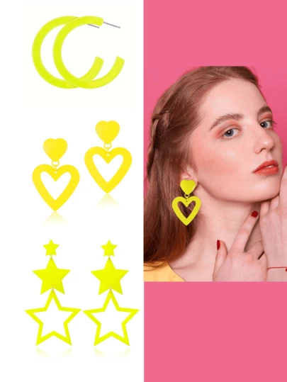 1/3对 80年代90年代黄色耳环 女士复古吊坠亚克力水滴耳环 派对角色扮演配饰