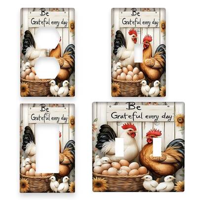 1 件乡村风公鸡墙面板盖，印有“感恩每一天”字样 - 适用于家居、厨房、卧室、浴室装饰，可作灯开关盖 - 可选单联/双联，厨房装饰 | 农舍风格 | 充满活力的艺术，鸡主题装饰