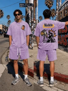 Modelo Skeleton & Beer Graphic Printed Street Style Men's Casual Wear 230g Washed Cotton Round Neck Short Sleeve Comfortable & Breathable Double - Sided Printed Tee For Summer High - Quality Design, For Summer, Daily Atire - 紫羅蘭色 - 查看 2