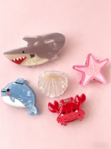 5pcs/Set Ocean Animal Hair Clips, Cute Shark Dolphin Starfish Shell Crab Design Acrylic Hair Clips - Multicolor - View 4